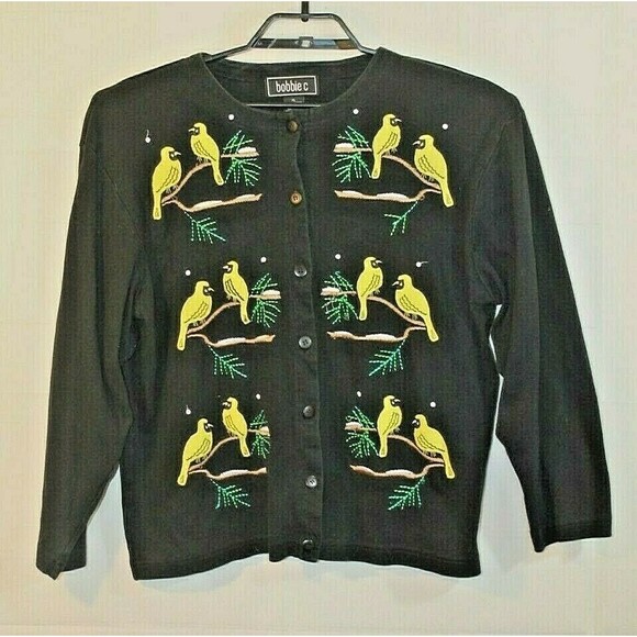 Bobby C Cardigan Womens Black Yellow Bird Embroidered Sweater Size XL - Picture 2 of 5